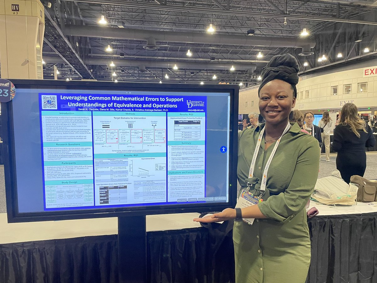 At #AERA24 ? Check out our poster #23 now (until 11AM) by @Clerjuste_Sarah: Leveraging Common Mathematical Errors to Support Understandings of Equivalence and Operations, work w/@elenamsilla & @kamalc31 Errorful learning improves equivalence & operations & reduces errors @UDSOE