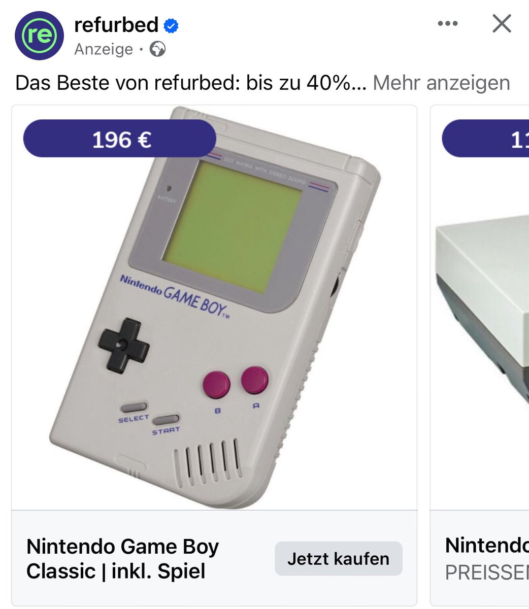 JoachimHesse's tweet photo. „Das Beste von #Refurbed“: €196 für einen #GameBoy. Ist das ernstgemeinte #Werbung? Oh boy … 😂 Da verwechselt wohl jemand Nachhaltigkeit mit Raffgier. Von mir aus dürfen solche #Retro-#Wucherläden gerne wieder aussterben. https://t.co/LfsEF0z2Ve