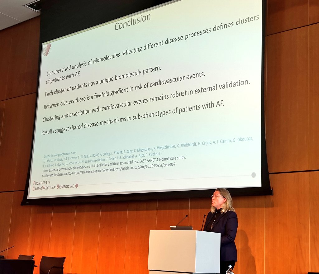 EAST-AFNET 4 biomolecule study: 'Unsupervised analysis of biomolecules reflecting different disease processes defines clusters of patients with atrial fibrillation'🫀 says Dr Larissa Fabritz from Hamburg University 👏🏻

Late-Breaking Science Session #FCVB2024

#ESCBasicScience