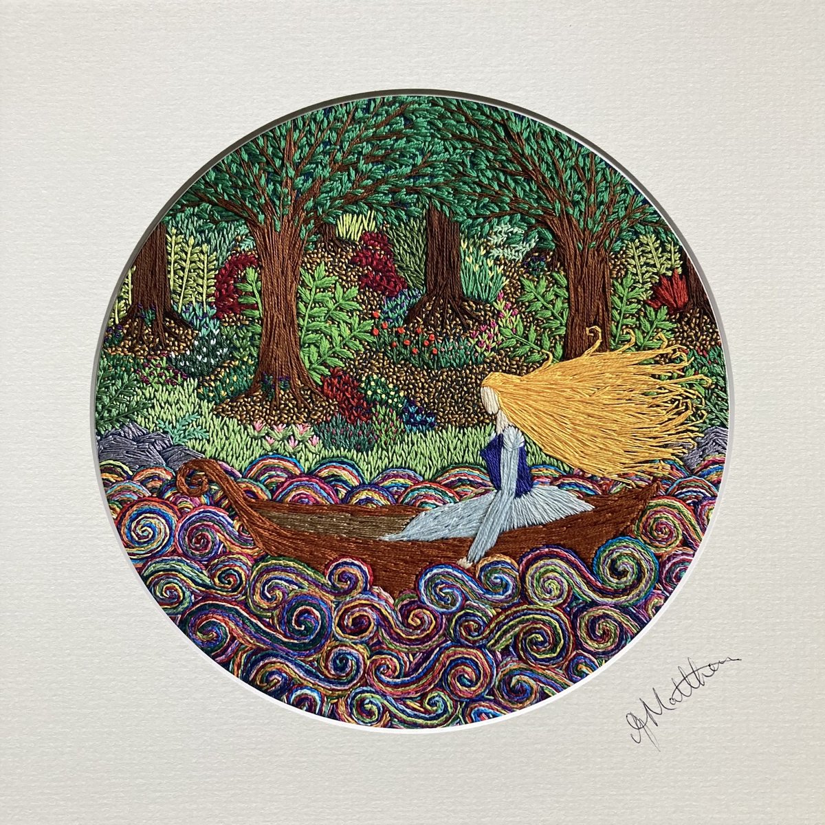 It takes many hours, days and weeks to create just one of my embroideries, and sometimes over 50 skeins of thread. Here is what my embroidery, The River Maiden looks like as a Fine art print. All mounted, signed & ready to pop into a frame…🧵🪡🌿#affordableart #thesewingsongbird