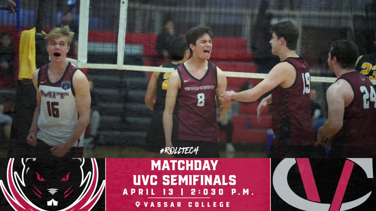 It's semifinal action for @MITMensVB at @TheUVC Tournament as the Engineers take on top-seed and host Vassar at 2:30 p.m.! #RollTec Championship Info and Links: tinyurl.com/mrxf5bp9