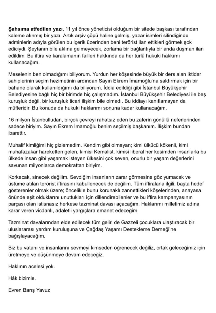 evren barış yavuz, bayraktar'la ilgili attığı tweet sonrası gözaltına alındı. iktidarın trol ordusunun harekete geçmesi gözaltı için yetiyor. dün kendini açıklayan bir açıklama yollamıştı, ifadesinde de benzer şeyler söylemiş.