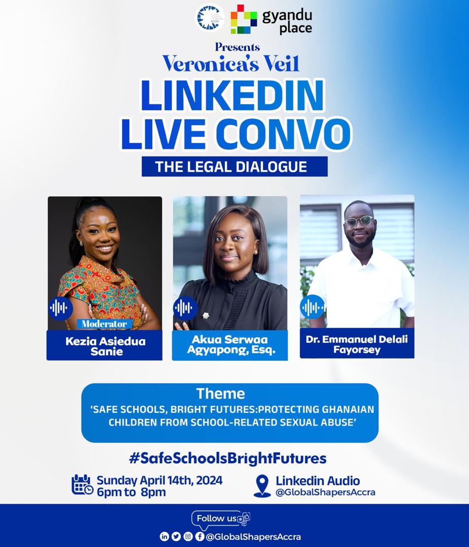🎉It's here! Join us tomorrow, April 14th via #LinkedinAudio with Akua Serwaa Agyapong & Emmanuel Delali Fayorsey, hosted by Kezia Asiedua Sanie at 6PM GMT as we discuss, 'Safe Schools, Bright Futures: Protecting Ghanaian Children from School-Related Abuse.' #VeronicasVeil