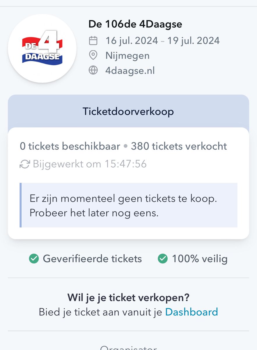 RenateWijma's tweet photo. Het gaat lekker NOT!
Al 380 keer helaas. Tegen bots en pythonscripjes kan ik niet op ☹️
@4daagsenijmegen #4daagse
Er zijn dus veel slimme ICT-ers die wel een ticket in de doorverkoop hebben bemachtigd.
Je kunt niet zooooo snel klikken of ticket is al gereserveerd #ticketBOT https://t.co/PGB3tPiXXB