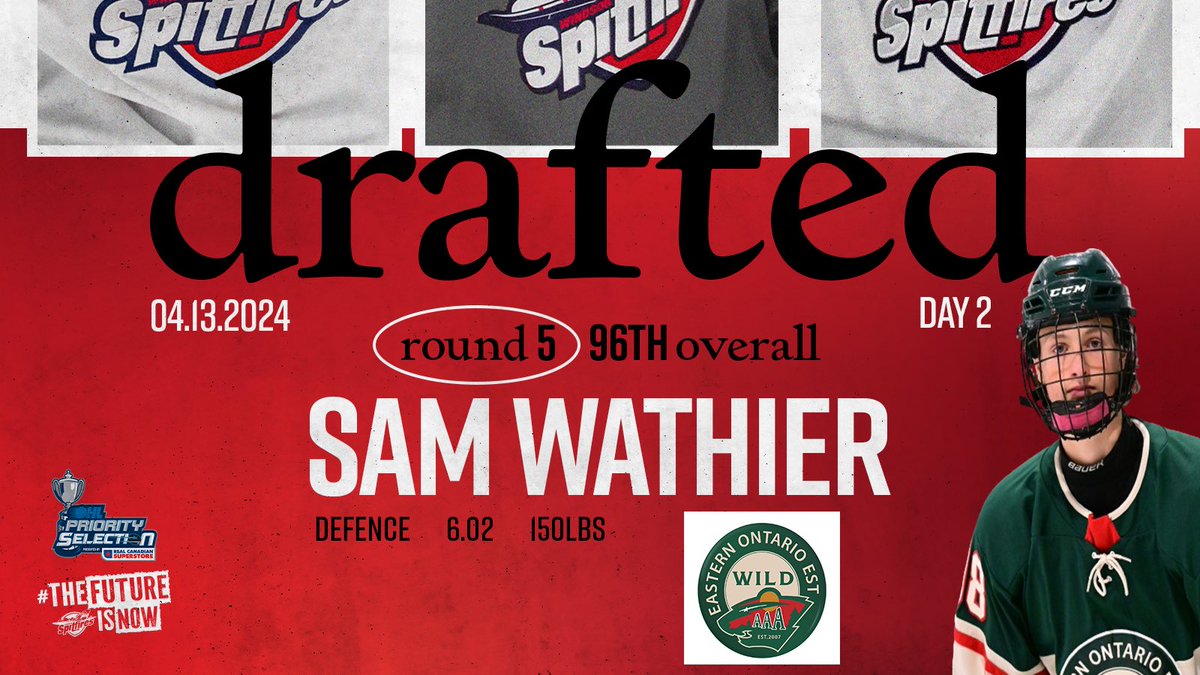 With the 96th overall pick in the 2024 OHL Priority Selection, the Windsor Spitfires are proud to select Sam Wathier from the Eastern Ontario Wild team! #WindsorSpitfires #OHLDraft