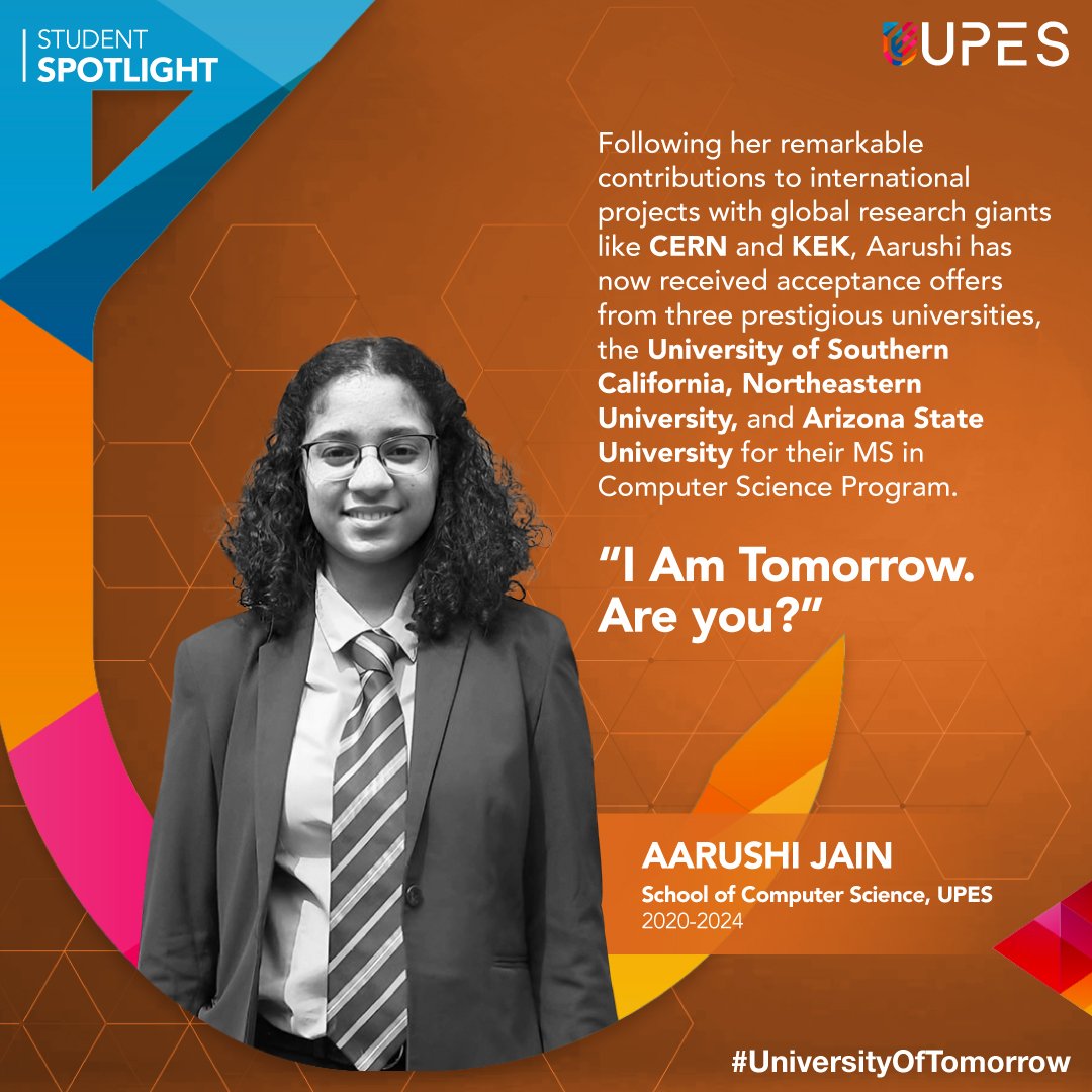 Aarushi Jain, a standout final year B. Tech student at UPES, has received acceptance offers from 3 top international universities, reflecting her academic excellence! 📖👩‍🏫 Come, be a part of the Tomorrow Tribe and get empowered to say ‘I Am Tomorrow’! #UPESDehradun #UPES