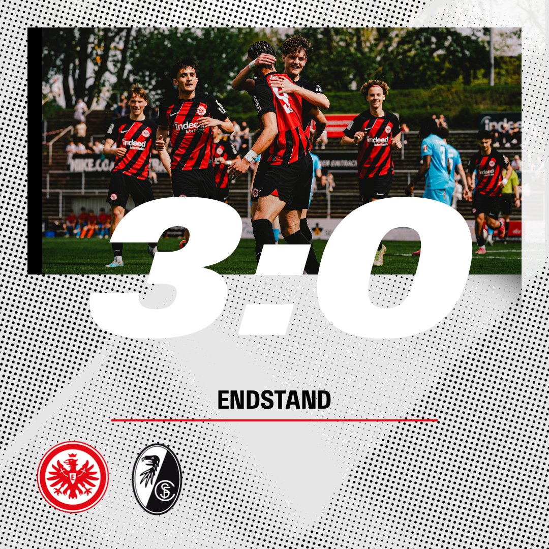 Und jetzt ist Schluss! 🦅 Unsere #sgeU17 gewinnt die Partie gegen den SC Freiburg nach einer überlegenen Leistung souverän mit 3:0. Mit den drei Punkten verweilen die Adlerträger weiter an der Tabellenspitze der B-Junioren-Bundesliga Süd/Südwest 💯 ______ ⏰90. | #SGE | #SGESCF