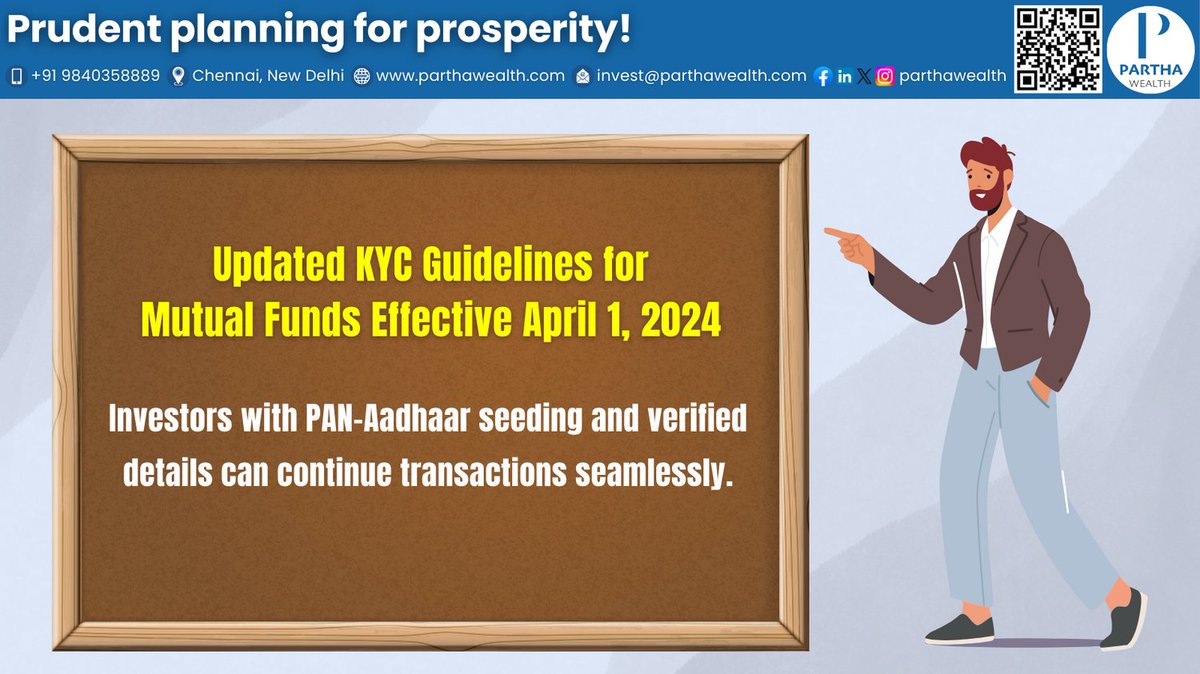 Updated KYC Guidelines for Mutual Funds Effective April 1, 2024
Investors with PAN-Aadhaar seeding and verified details can continue transactions seamlessly.
#parthawealth #investment #investor #mutualfunds #SIP #insurance #KYC #knowyourcustomer #SEBI