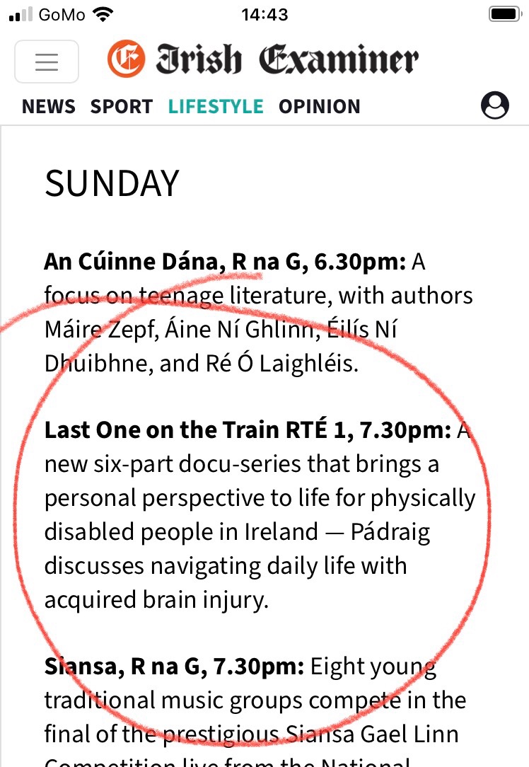 susan dennehy #LastOneOnTheTrain (@susdennehy) on Twitter photo We hear a lot about a lack of disability rights but what does that look like for young Irish wheelchair users? Hear first hand in <a href="/RTERadio1/">RTÉ Radio 1</a> series #LastOneOnTheTrain.
<a href="/irishexaminer/">Irish Examiner</a> highlights
EP 2 Padraig tomo night 7.30pm.
Ep 1 Leesa listen back @ rte.ie/lastone We hear a lot about a lack of disability rights but what does that look like for young Irish wheelchair users? Hear first hand in <a href="/RTERadio1/">RTÉ Radio 1</a> series #LastOneOnTheTrain.
<a href="/irishexaminer/">Irish Examiner</a> highlights
EP 2 Padraig tomo night 7.30pm.
Ep 1 Leesa listen back @ rte.ie/lastone
