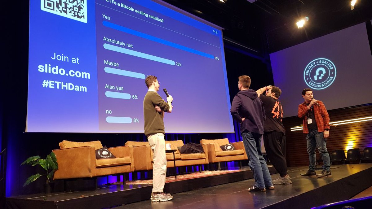 TheDesertLynx's tweet photo. I think I just ruined the L2 panel at ETHDam 🙃

I mentioned some Bitcoin maxis unironically call the ETFs a scaling solution.

When polled, the crowd overwhelmingly voted "yes." 😱 https://t.co/5QWQQK0Bal