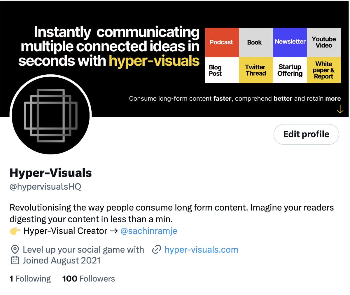 Hit 100 on @hypervisualsHQ! Let's watch this community explode in 2024. Here's to building a hyper-visual future, one follower at a time.