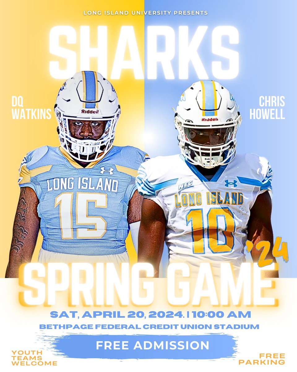 SPRING GAME🚨 Will Be Held At Bethpage Federal Credit Union Stadium on Saturday April 20th. Come Support Your LIU Sharks❗️ LINK TO ATTEND: rb.gy/fowi64 #BiteDown🦈