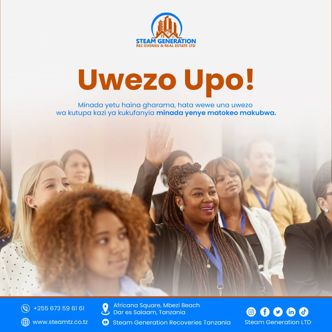 steamgenltd's tweet photo. UWEZO UPO!
Steam Generation Company Ltd ina uwezo wa kufanya minada ya umma na binafsi kwa ufanisi mkubwa.
Wasiliana nasi leo kwa maelezo zaidi.
#SteamGeneration #MinadaYaUmma #MinadaBinafsi https://t.co/6g2v1yUuOr