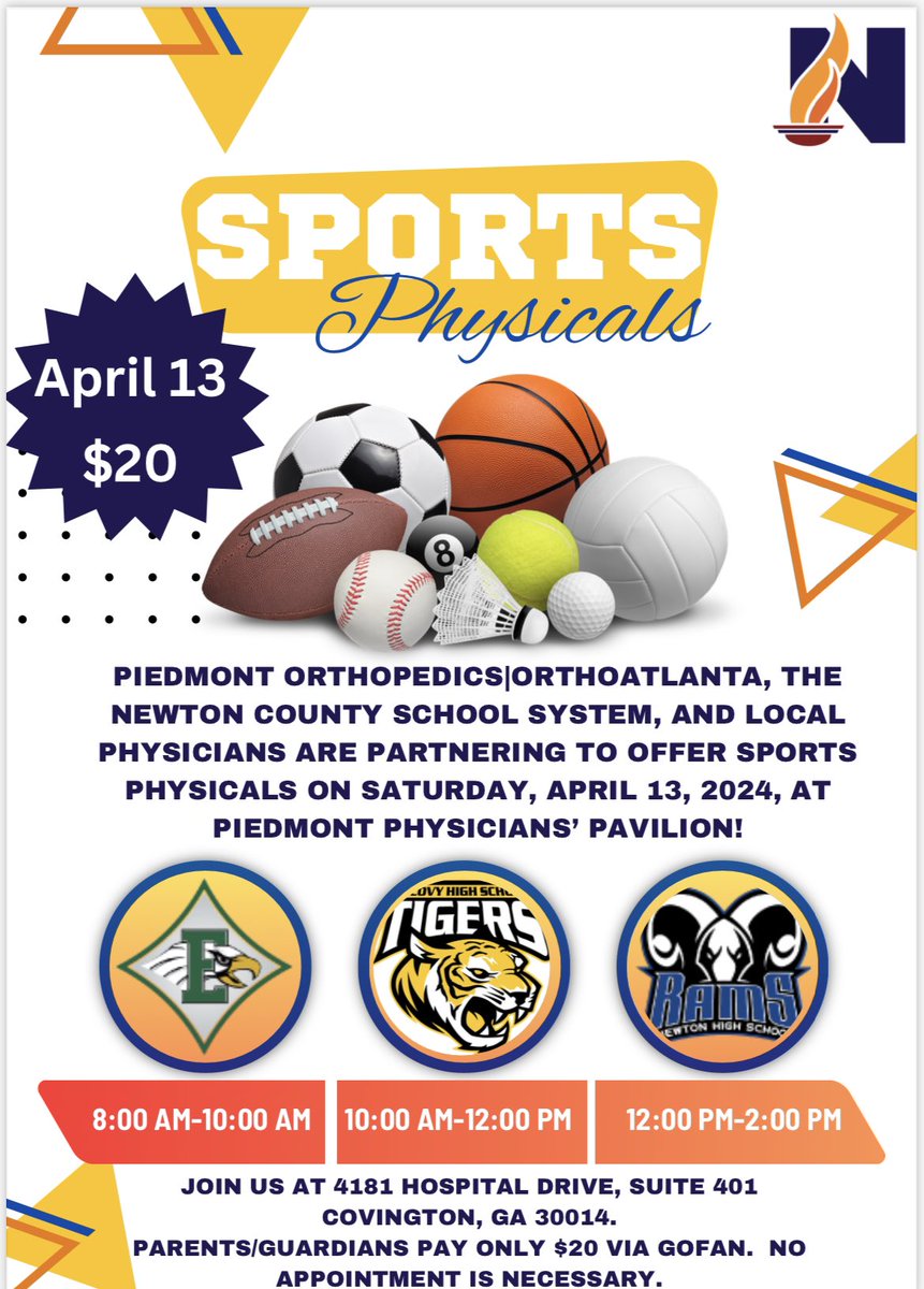 Piedmont Orthopedics|OrthoAtlanta and @NewtonCoSchools are partnering to offer sports physicals! Join us on the fourth floor of the Piedmont Physicians’ Pavilion! #NCSSAthletics #NCSSWorkingTogether 📍 4181 Hospital Drive, Suite 401 🗓️ April 13, 2024 ⏰ 8:00 a.m.-2:00 p.m.