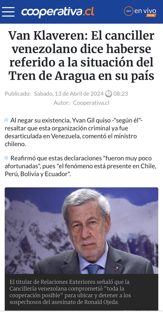 Canciller ⁦@AlbertoKlaveren⁩ no debe aparecer como intérprete de lo q quiso decir el canciller de la dictadura venezolana sobre Tren d Aragua. Corresponde que sea el ministro ⁦@yvangil⁩ 🇻🇪 quien explique qué quiso decir y se disculpe ante Chile. 🇨🇱🇨🇱🇨🇱 🇻🇪