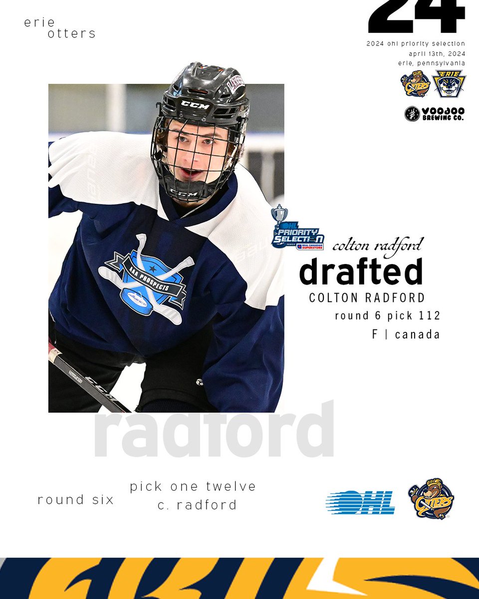 With the 112th overall pick in the 2024 <a href="/ohlhockey/">Ontario Hockey League</a>
Priority Selection Draft, the Erie Otters select Huron-Perth Lakers Forward, Colton Radford! Welcome to Erie!

<a href="/voodooerie/">Voodoo Erie</a> Draft Weekend | #OHLDraft