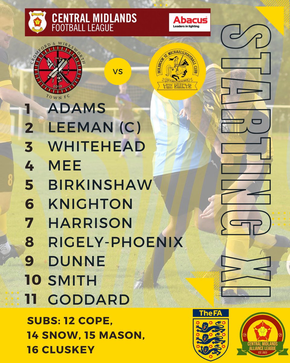 ⚫️🟡Here's how we line-up against Cromford and Wirksworth with a few feeling the effects of Thursdays hard fought draw.🟡⚫️