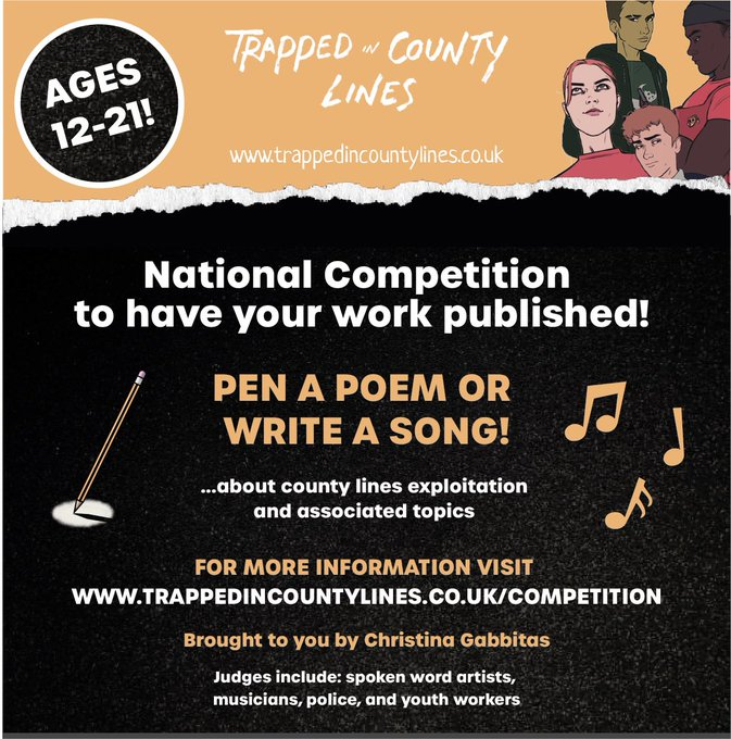 Could you all please promote @ChristiGabbitas's National competition in Both #Suffolk & #Norfolk as we have had our fair share of #countylines, Maybe our youth have something to offer. Click link below trappedincountylines.co.uk/competition/ @EdSheeran @FabioWardley @bbcnickrobinson…