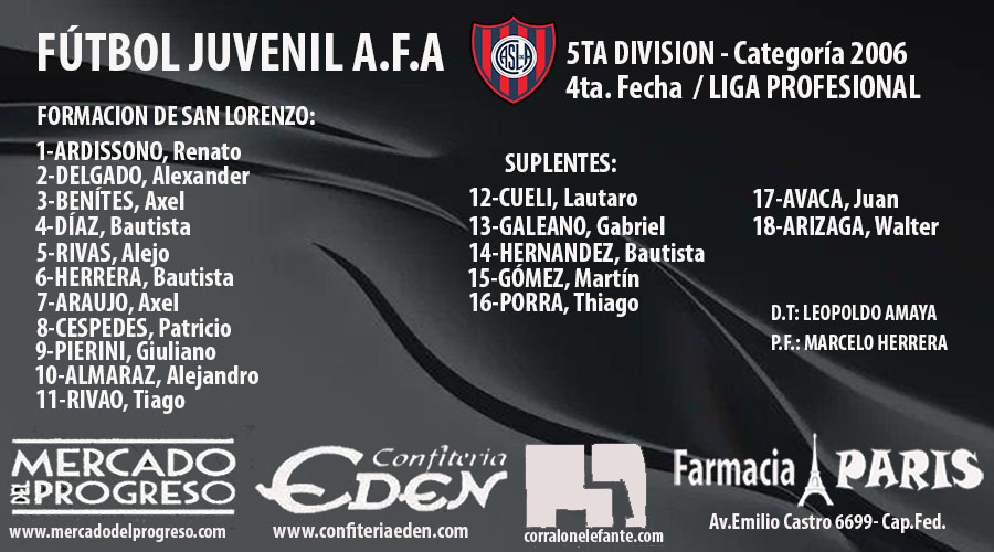 #JuvenilesAFA | 5ta División |
☆ Categoría 2006

🔹️4ta. Fecha 

💢 Así formará el equipo dirigido por el Prof. Leopoldo Amaya para enfrentar a Instituto (Cba).👏

¡Vamos los pibes!💪

#SemilleroAzulgrana 💙❤️⚽️