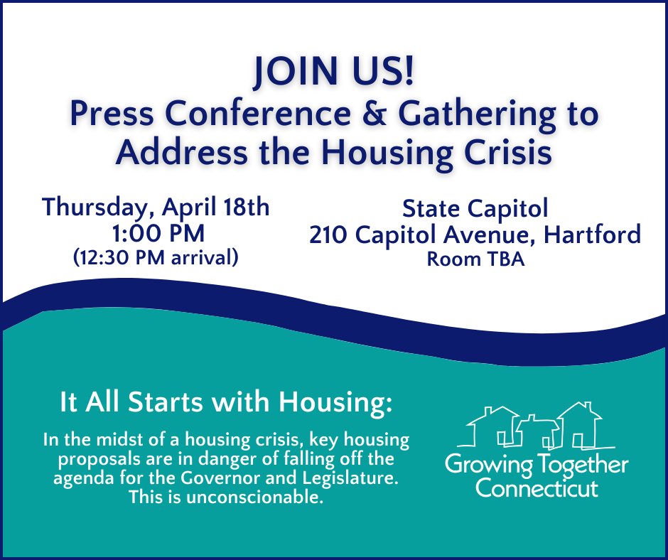 Be #HereForHousing next week!

@PSCHousing will join Growing Together CT to call for expansion of the State Rental Assistance Program, expansion of Just Cause Protections, & other smart housing policies.

📅 THIS Thursday 4/18 @ 1:00 PM
📍 State Capitol- 210 Capitol Ave Hartford
