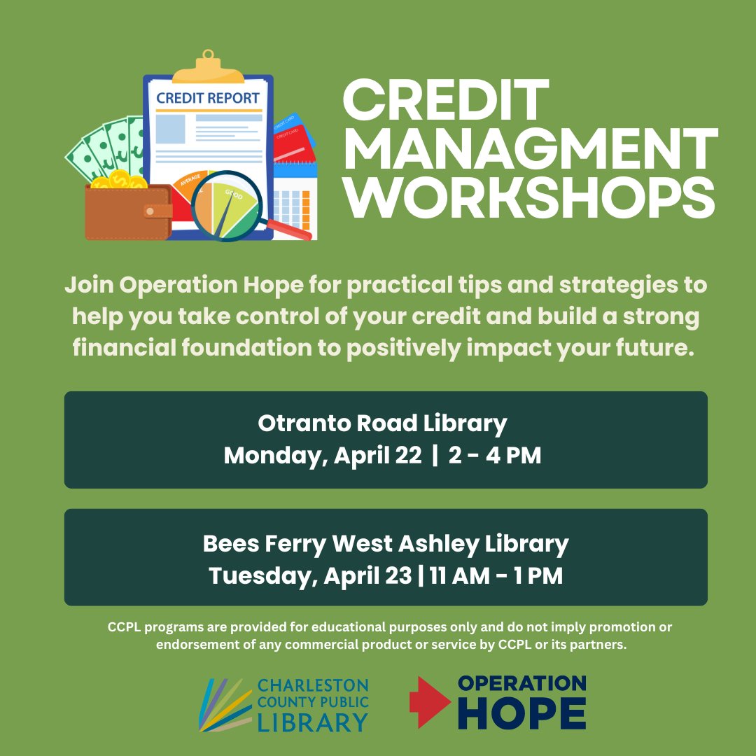 APRIL 22 & 23: Join Operation Hope for two Credit Management Workshops at two of our library branches!