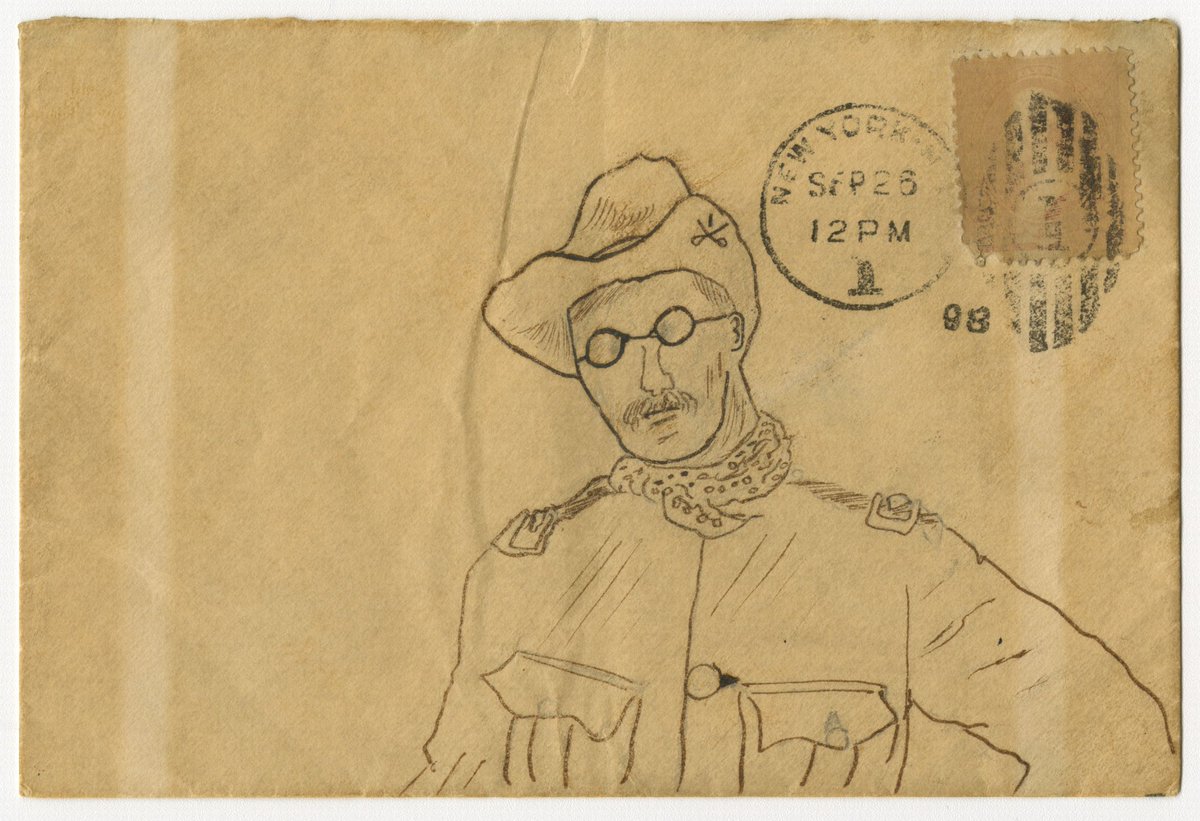 This 1898 envelope 'addressed' to Theodore Roosevelt by way of a sketch depicting him as Colonel of the Rough Riders was successfully delivered to his home in New York, Sagamore Hill.