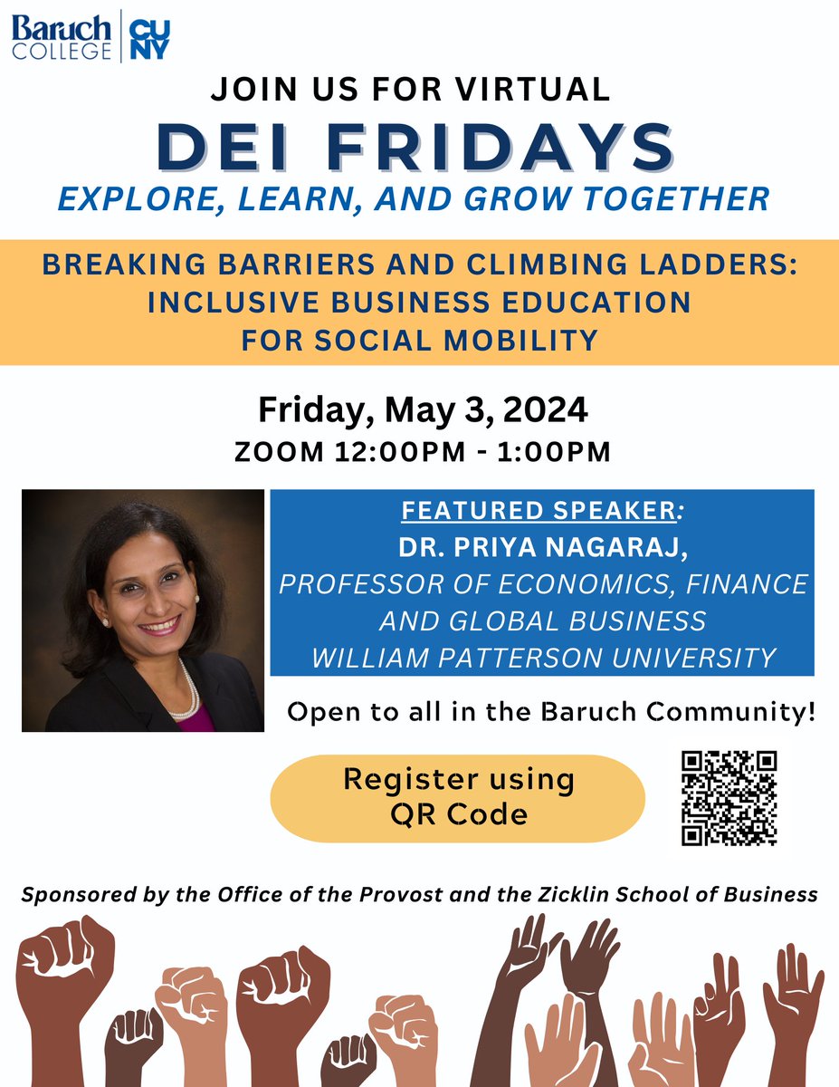 Join us May 3rd from 12:00-1:00pm for the last DEI Friday Lecture of the semester! Dr. Priya Nagaraj will lead a discussion on breaking barriers and climbing ladders: Inclusive business education for social mobility. ➡️ow.ly/5Iis50RaH3u #Diversity #Equity #Inclusion