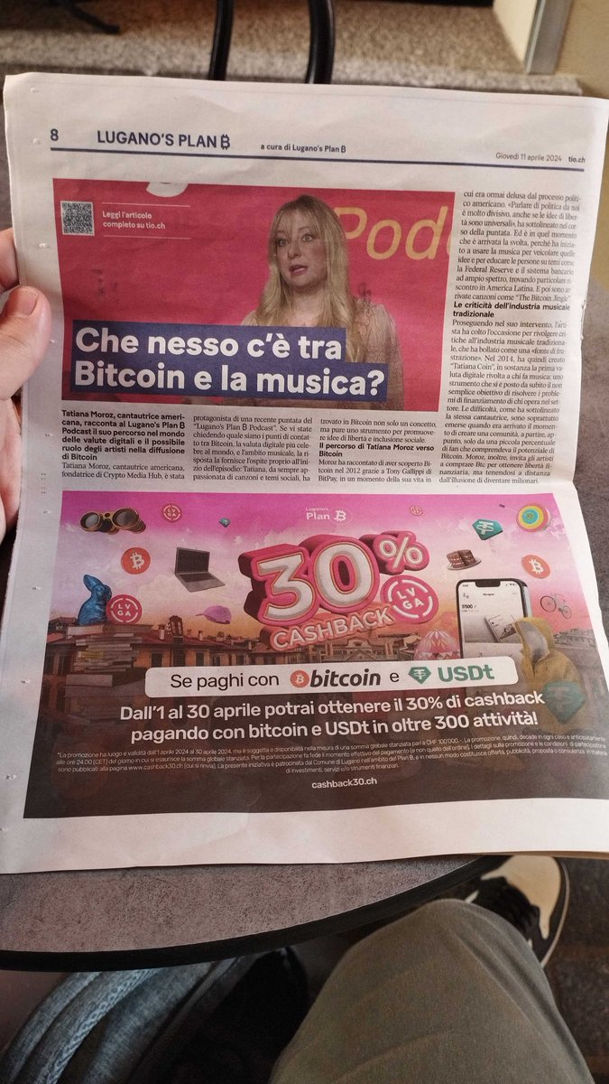 Today in the popular local newspaper “20 Minuti”🍊💊🗞️📰🗞️📰🗞️📰🗞️ From music in #bitcoin to the 30% cashback if you pay with #bitcoin or USDt in over 300 shops in Lugano! #LuganoPlanB 🍊💊🗞️📰🗞️📰🗞️📰🗞️