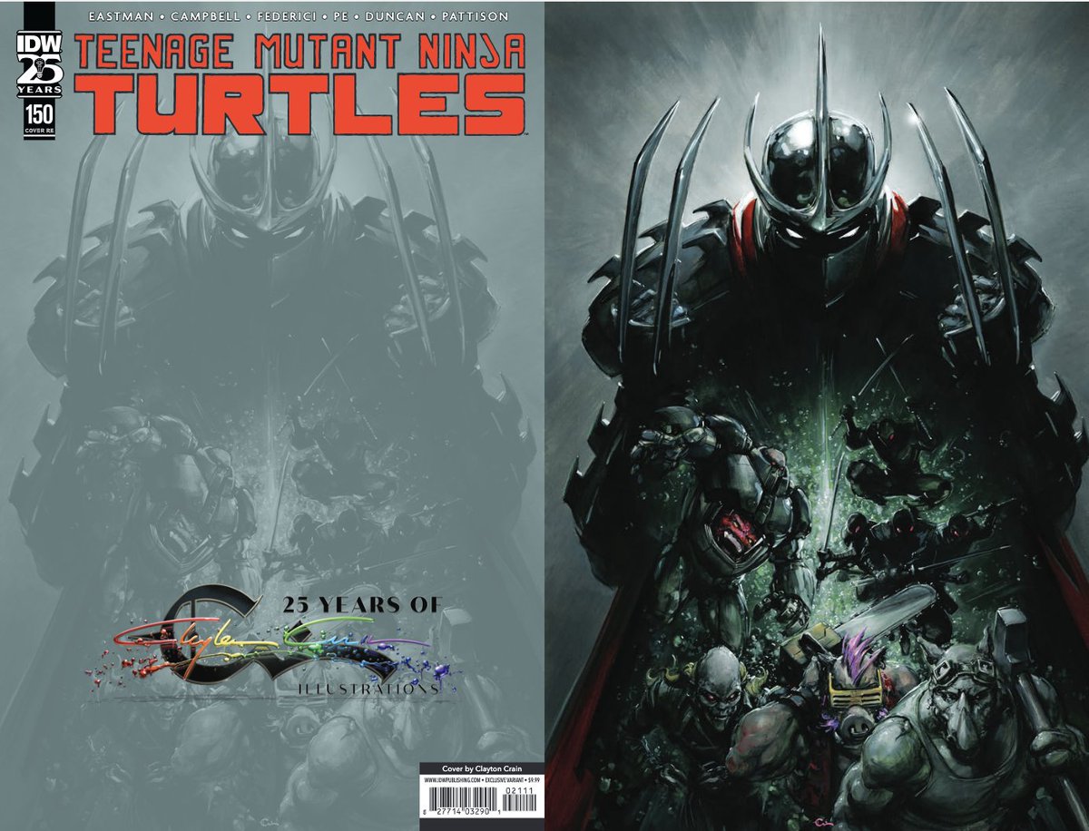 To celebrate #TheRoadto150 run by @mooncalfe1, we're doing a countdown of the RETAILER EXCLUSIVE covers for TMNT #150. Today, we have a cover from @Clayton_Crain. At your LCS on April 24: comicshoplocator.com #TMNT #VariantCover #TMNT150