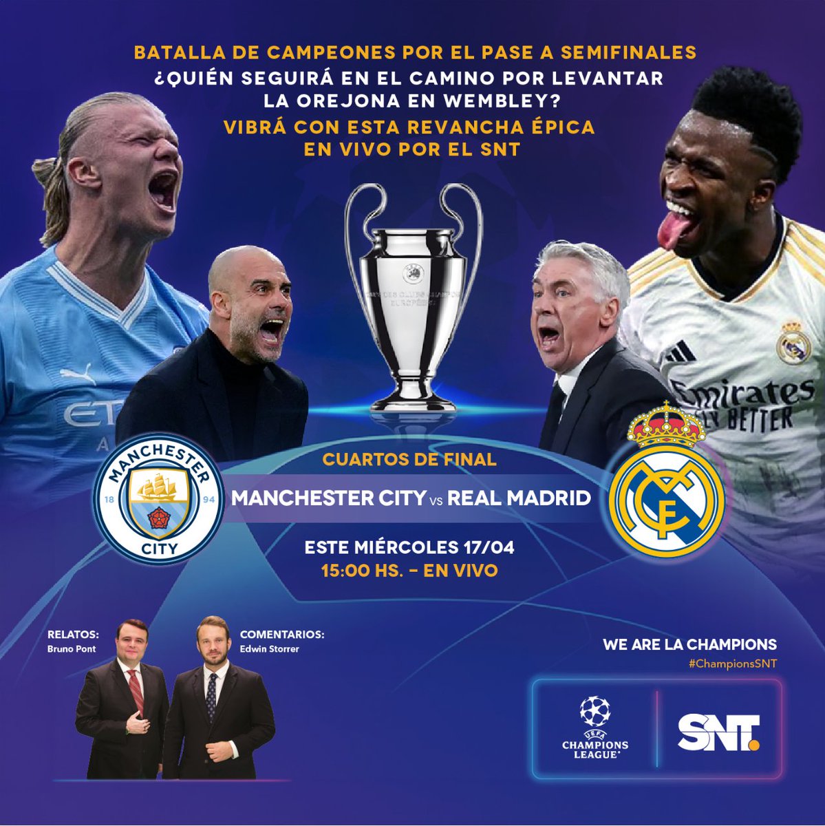 💣 ¡Llegan 2 gigantes del fútbol que buscan su lugar en las semifinales de la Champions! 💥 😱 @ManCity  🆚 @realmadrid😨 Este miércoles a las 15:00 h EN VIVO ⌚📡 🏆 La Champions League y el mejor fútbol del mundo están siempre en el #SNT. 🤩 #ChampionsSNT #UCL