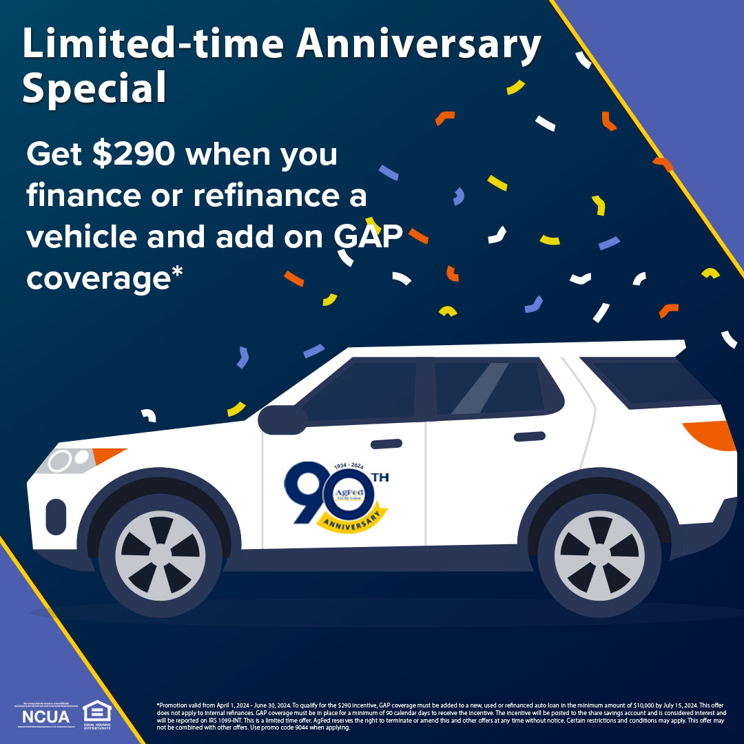 Celebrate 90 years of financial excellence with AgFed! For a limited time when you finance or refinance a vehicle and add on GAP coverage, you will receive $290!*
Learn More: agfed.org/membership/90t…

#agfedcreditunion #cudifference #peoplehelpingpeople #limitedtimeoffer