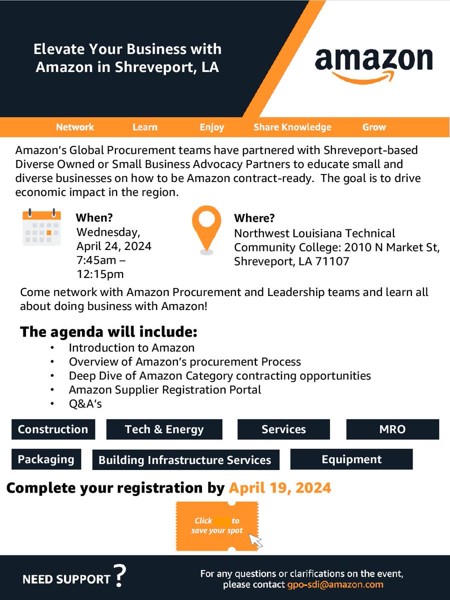 Don't miss your opportunity to be a part of this great event! Complete your registration by April 19, 2024 at: Shreveport Amazon Event Registration Link: app.smartsheet.com/b/form/78f85cb… For questions or clarifications, e-mail: aflynn@louisianasbdc.org.