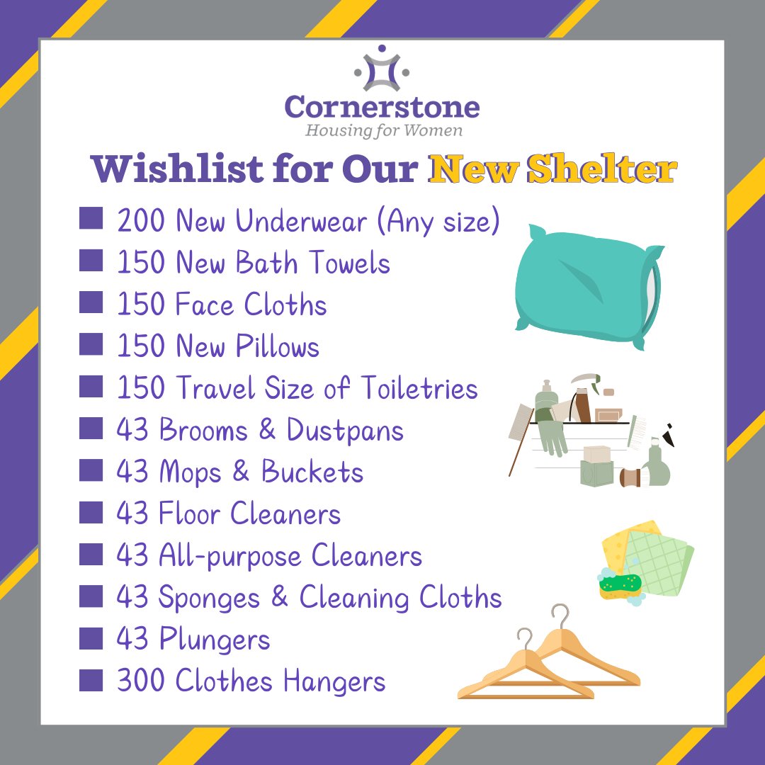 Our shelter move is fast approaching, and we need your help! Please share our wishlist, and if you are able to donate some of these items please send us an email at donate@cornerstonewomen.ca ✉️