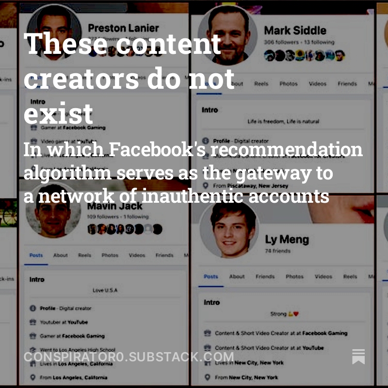 It's a great day to read about a network of inauthentic Facebook accounts with GAN-generated faces. Posts from at least one of the accounts in this network are currently being promoted by Facebook's recommendation algorithm. cc: @ZellaQuixote conspirator0.substack.com/p/these-conten…