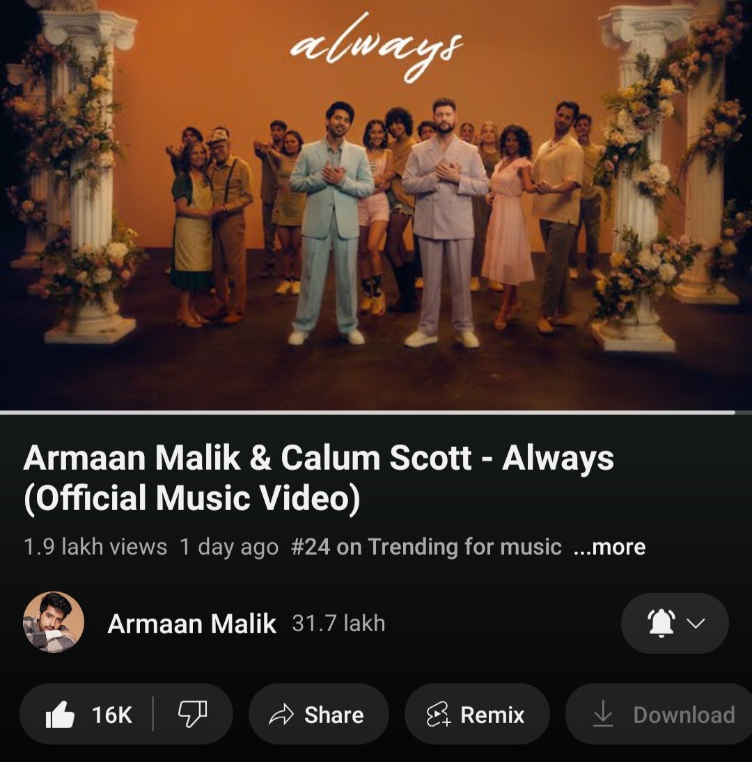 The official music video of 𝘼𝙡𝙬𝙖𝙮𝙨 is now trending at #24 for Music in YouTube. Keep streaming the music video & share it with others. 🖇youtu.be/Xx_lpb1OJVI?si… @ArmaanMalik22 @calumscott #Always #ArmaanMalik