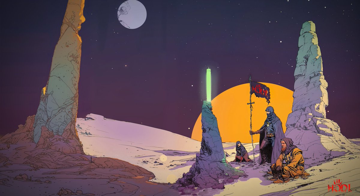 Through desert sands, a HODL band,
Hodler一行横穿沙漠 
To freedom's shore, a promised land. 
前往自由所在的应许之地 
OG held high, by Prophet’s command.  
应先贤召唤，先知一往无前 
The sea did part, a wondrous sight,  
海水一分为二为其开道，奇迹之光初露 
Bless they found, in