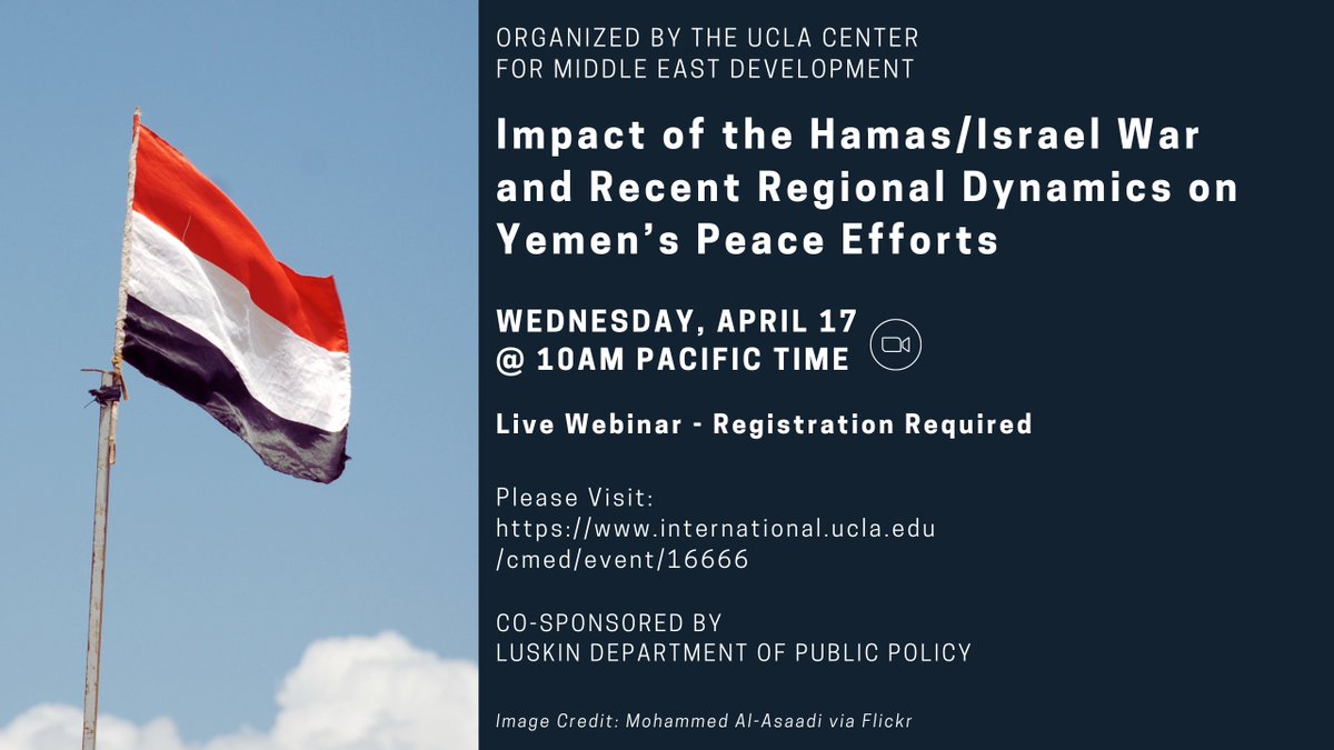 I look forward to moderating this webinar on #Yemen and the #Israel #Gaza developments with the amazing @BBCNawal Nawal Al-Maghafi, @maysaashujaa Maysaa Shujaa Aldeen, and @AbdulGhani1959 Abdulgjani Al-Iryani. Please register and join us. Thank you CMED UCLA for organizing it.