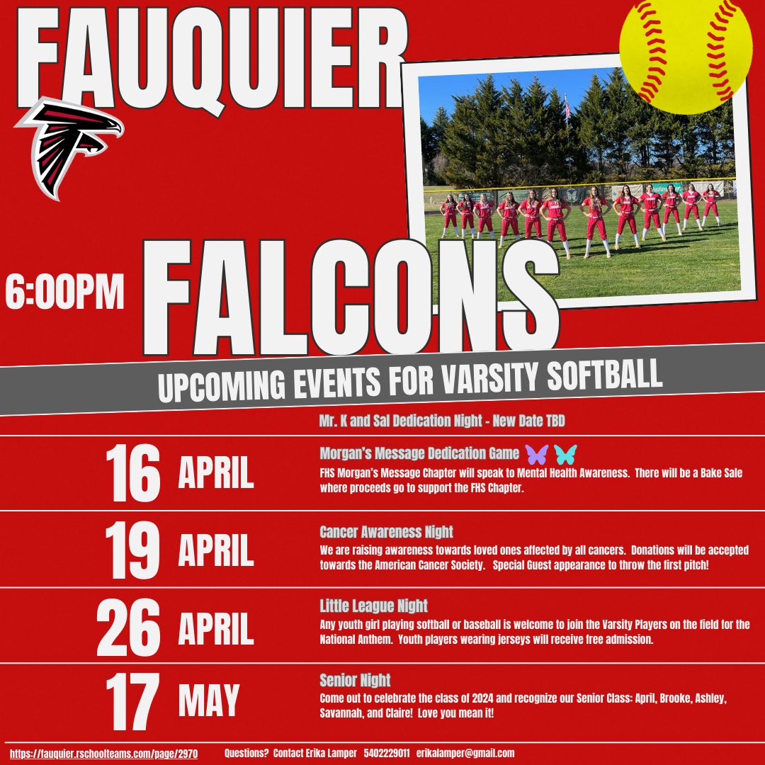 Upcoming Events at FHS Softball!  <a href="/fauquierhs/">fauquierhsnews</a> All games start at 6:00pm.
gofan.co/app/school/VA2…