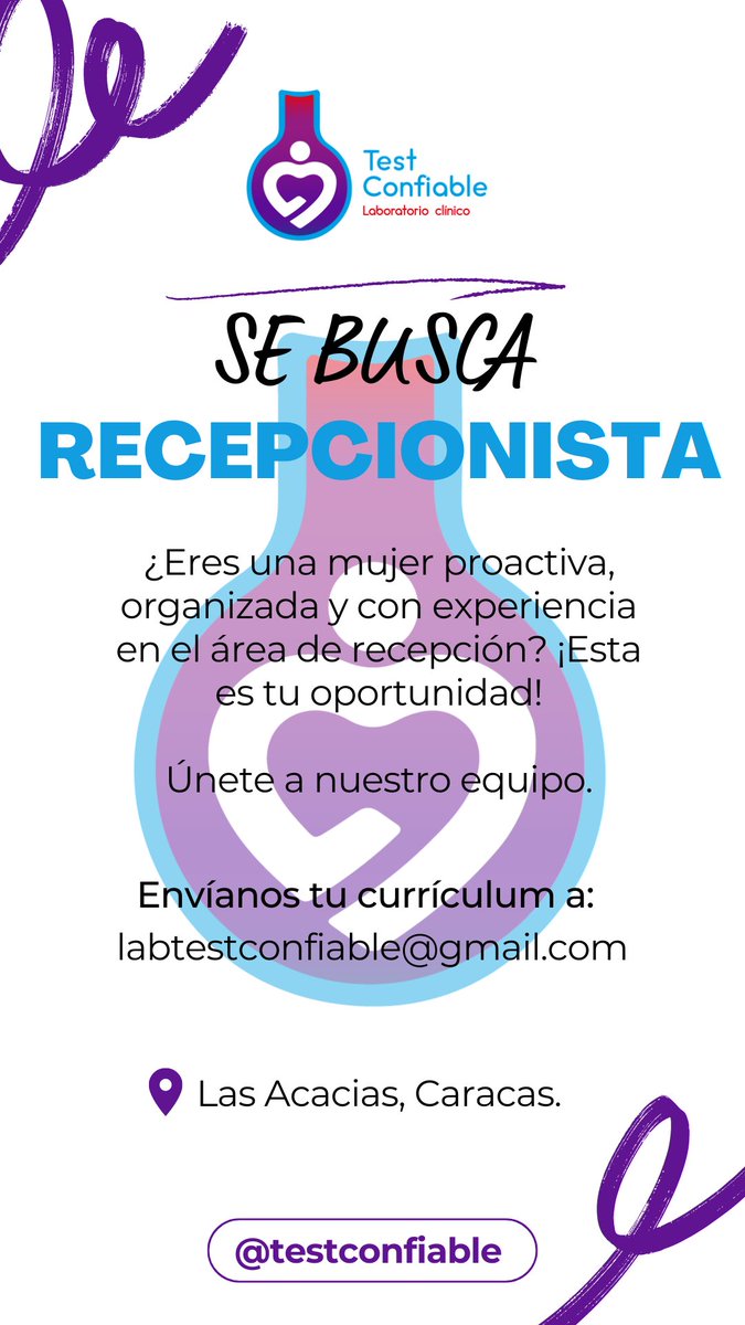 TestConfiable's tweet photo. ¡Estamos buscando recepcionista! Si eres mujer, tienes experiencia en el área y te gustaría formar parte de nuestro equipo, ¡esta es tu oportunidad! Estamos ubicados en la Urb. Las Acacias en Caracas. ¡Envíanos tu CV! labtestconfiable@gmail.com #promo #trabajo #info #ccs https://t.co/i1EPR7ZgpO