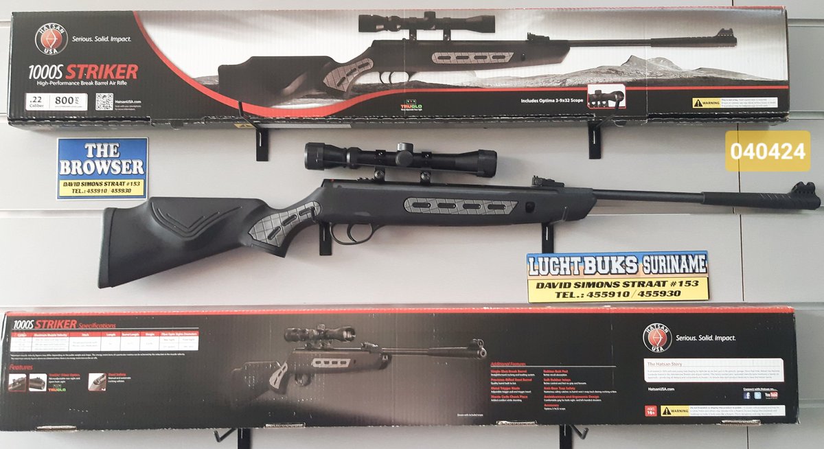 ✴️*NIEUWE SPORT INFO:
✅Made in Turkey (USA version).⚠️
.
✴️Hatsan 1000S Striker Break-barrel Air Rifle.
✅with 3-9 x 32 Optima Hatsan Scope:
✅Caliber 0.22" (5.5mm).
✅Max Muzzle Energy 21 ft/lbs.
✅Max Velocity 1000 fps.
----------------------------
.
📱Whatsapp : +597 8583310