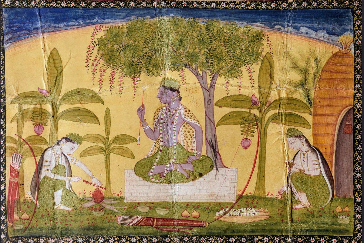 The life in Panchvati 
Lakshmana preparing food and Sita making garland of flowers 
Late 18th century 
Unknown Artist 
Chamba, Pahari, Himachal Pradesh 
Opaque watercolor on paper