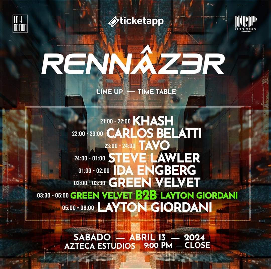 ComunidadElectronica (@cepuntotv) on Twitter photo Time Table DJ's π§π΅πΆ
Nos vemos en Estudios Azteca CDMX hoy sΓ‘bado 13 de abril!!!!
#timetable #djsparty #djs #lineup #eventidemusicaelectronica <a href="/carlosbelatti/">Carlos Belatti</a>
<a href="/GreenVelvet_/">Green Velvet</a> <a href="/IdaEngberg/">Ida Engberg</a> <a href="/DJSteveLawler/">Steve Lawler</a> <a href="/LaytonGiordani/">Layton Giordani</a>
#ticketapp #renazzer Time Table DJ's π§π΅πΆ
Nos vemos en Estudios Azteca CDMX hoy sΓ‘bado 13 de abril!!!!
#timetable #djsparty #djs #lineup #eventidemusicaelectronica <a href="/carlosbelatti/">Carlos Belatti</a>
<a href="/GreenVelvet_/">Green Velvet</a> <a href="/IdaEngberg/">Ida Engberg</a> <a href="/DJSteveLawler/">Steve Lawler</a> <a href="/LaytonGiordani/">Layton Giordani</a>
#ticketapp #renazzer