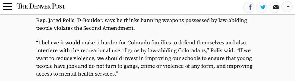 Reminder that the gun ban that Colorado Democrats are passing in the Colorado Legislature is something that Jared Polis(D), now Governor of Colorado, has said in the past would both violate the 2nd Amendment and make it harder for families to defend themselves. #copolitics #coleg