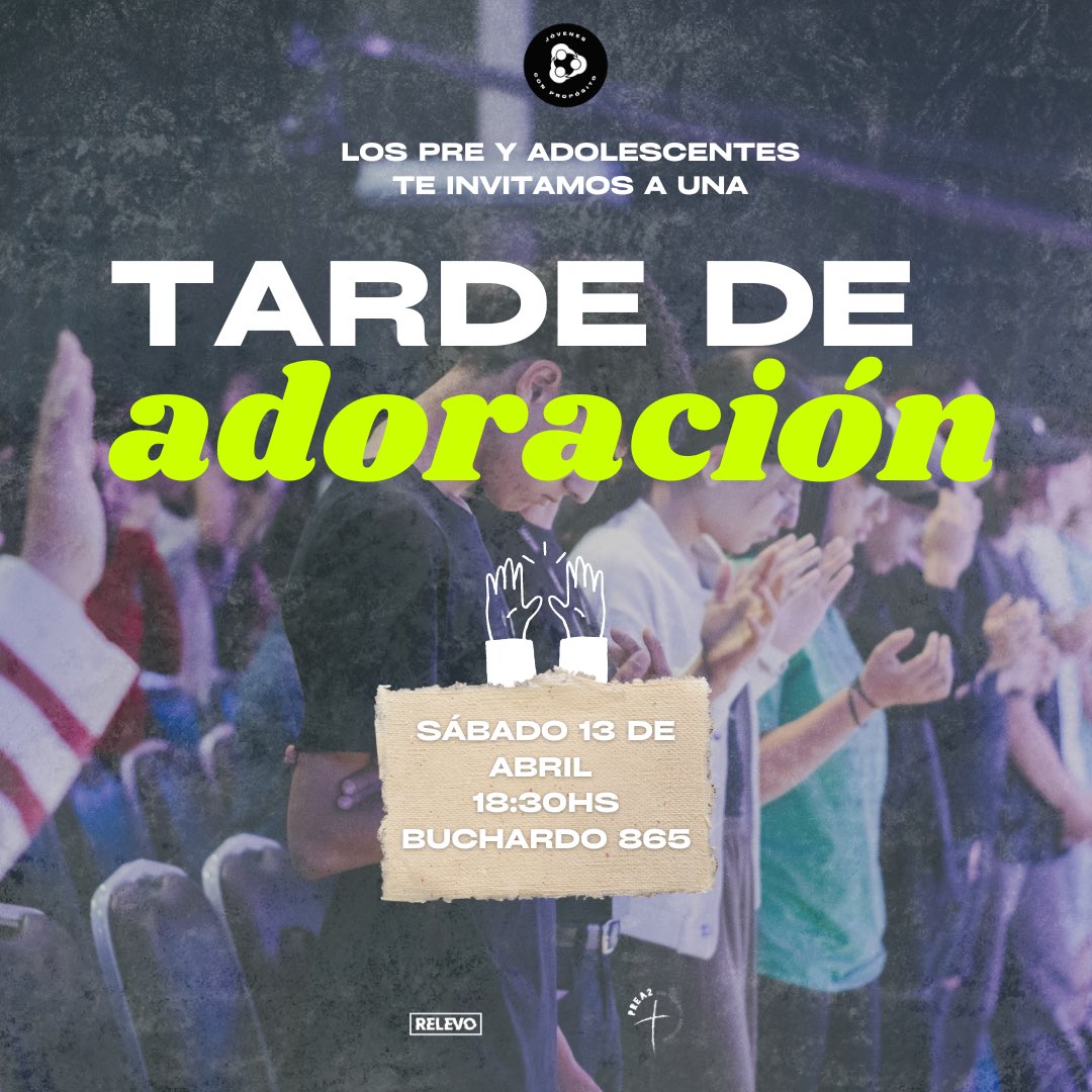 Nos estamos preparando para una Tarde de Adoración 🙌🏽
Si tenes entre 11 y 17 años está invitación es especial  para vos 😃
 👉🏽Sábado a las 18.30hs en Buchardo 865 
¡Invita a un amigo nuevo!

#tardedeadoracion #amigos #preadolescentes #adolescentes #citaconlavida #somosrelevo