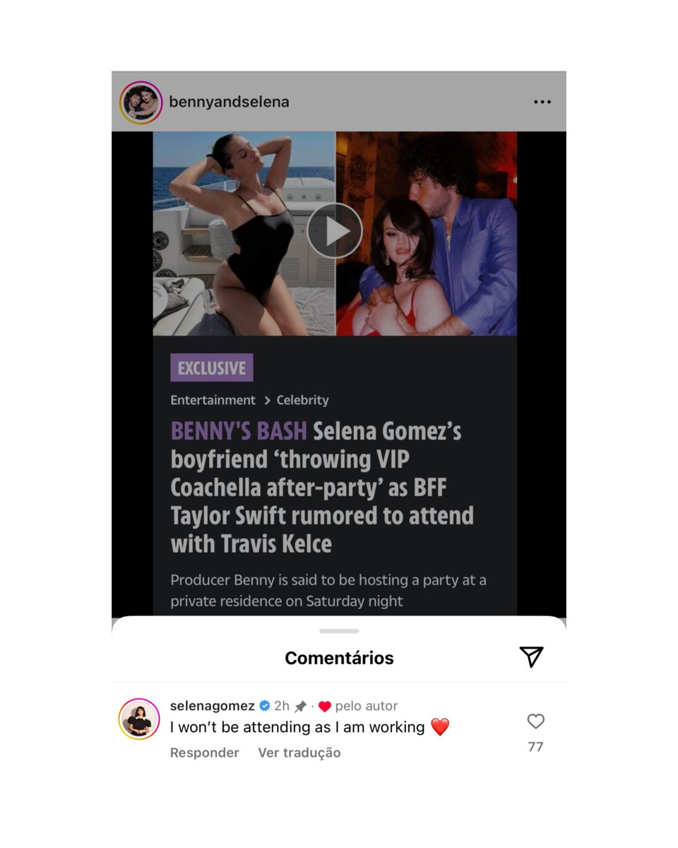 Selena Gomez negou os rumores de que compareceria ao #Coachella 2024. “Não irei porque estou trabalhando ❤️”