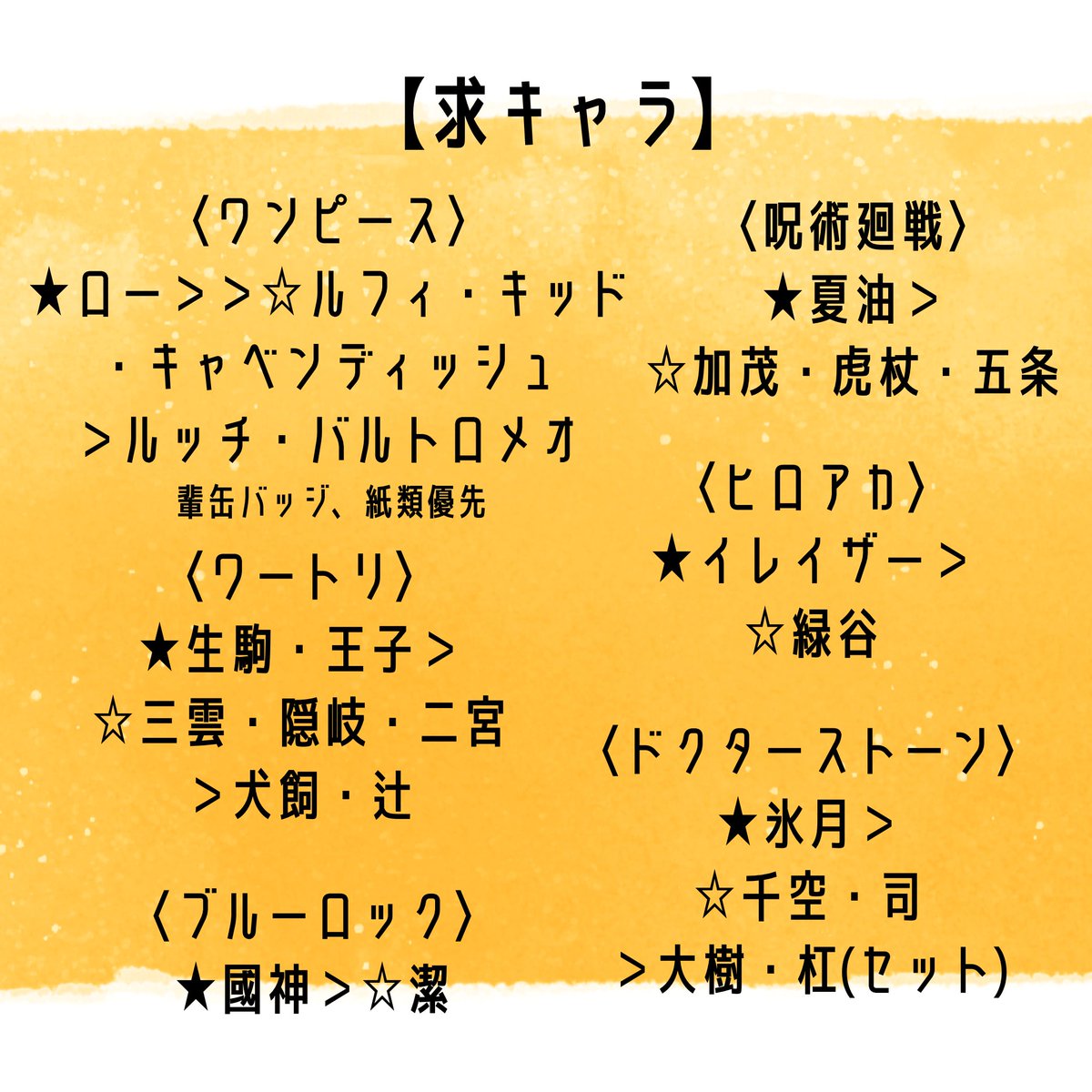 hatamon36's tweet photo. 固定
数字無記載は各1(呪以外のジャンルの紙類は〜5まで求めているものもございます。)
🩵は他含む交換優先。👑は買取可能です。条件等ございましたらお声がけの際に記載お願いします。※抱き合わせ必要でしたら🩵のものor同キャラ異種ですと有難いです。 https://t.co/7Snk5bbkTT