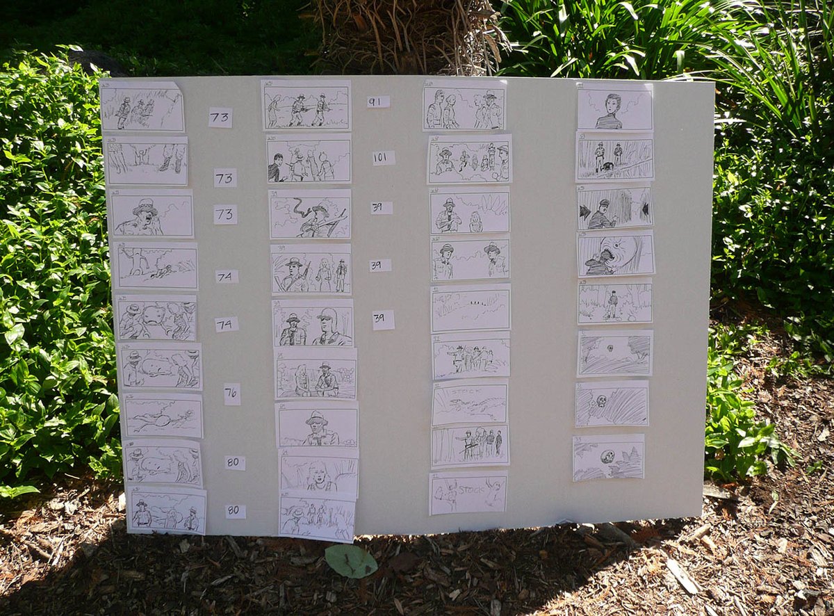 Shots for Day 1 of #TheLostSkeletonReturnsAgain shoot, laid out on a board at the Arboretum. Storyboards by me. Don’t know who took the photo.