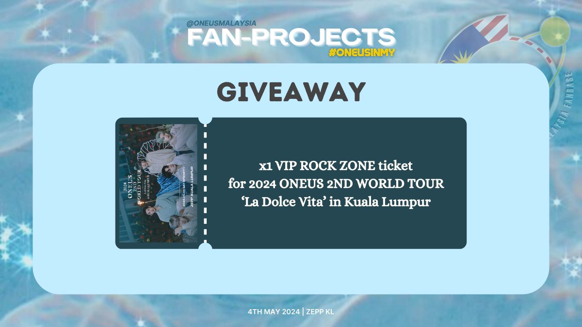 ONEUSMALAYSIA's tweet photo. [#ONEUSMY]

⚠️GIVEAWAY ALERT⚠️

🎟 1x VIP ROCK ZONE ticket for #ONEUSinMY

📆 13th April ~ 23rd April, 8PM
📣 Winner Announcement: 24th April

More info in the gform
🔗 https://t.co/i8Kvqur5Qj

May the luck be with you 🤩 https://t.co/ikwFmxLvNk