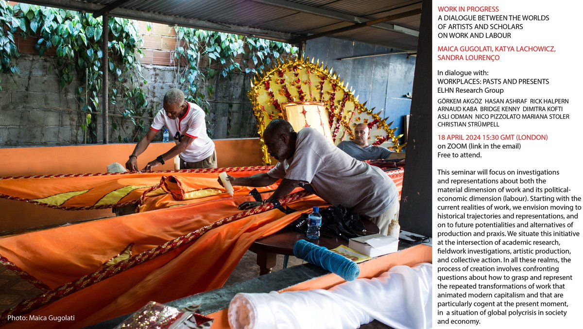 You are warmly invited to join the seminar Work in Progress: A dialogue between the worlds of artists and scholars on work and labour, which will take place on the 18th of April, at 15:30 GMT (London time) on Zoom (DM for link)