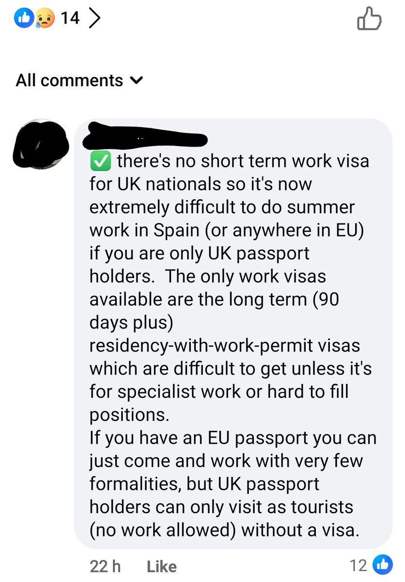 Whenever anyone asks 'why is #Brexit bad for British Citizens'? Please keep this in mind 👇🏼 young Brit posted on Facebook group dedicated to life after Brexit asking how to go to Tenerife for summer/holiday work - UK's next generations have had wings clipped! #GetBrexitUndone